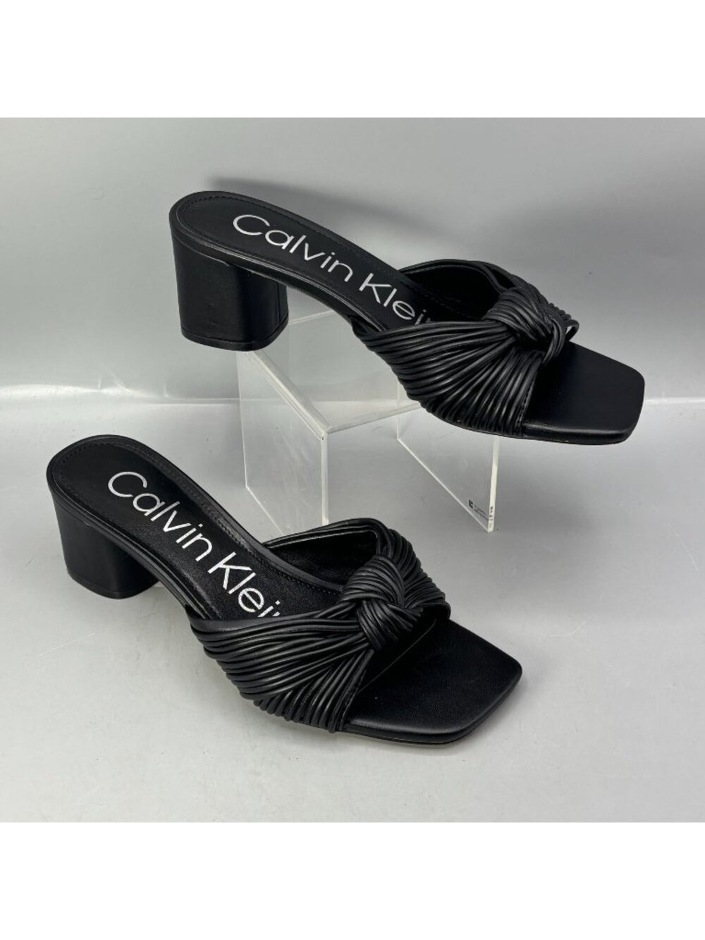 Calvin Klein Black Knotted Leather Block Heel Sandals Size 8.5